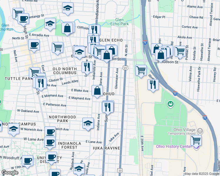 map of restaurants, bars, coffee shops, grocery stores, and more near 2401 Glenmawr Avenue in Columbus