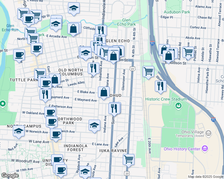 map of restaurants, bars, coffee shops, grocery stores, and more near 2404 Indiana Avenue in Columbus