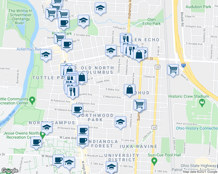 map of restaurants, bars, coffee shops, grocery stores, and more near 2426 Leeds Alley in Columbus