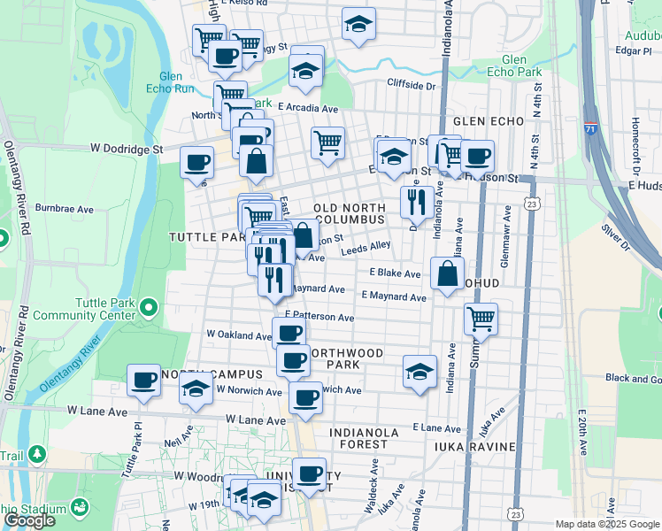 map of restaurants, bars, coffee shops, grocery stores, and more near 2433 Leeds Alley in Columbus