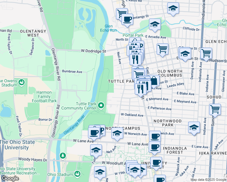map of restaurants, bars, coffee shops, grocery stores, and more near 140 West Blake Avenue in Columbus