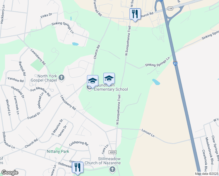 map of restaurants, bars, coffee shops, grocery stores, and more near 2850 North Susquehanna Trail in York