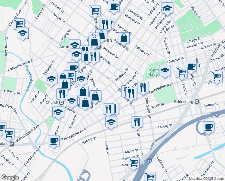 map of restaurants, bars, coffee shops, grocery stores, and more near 1832 Pear Street in Philadelphia