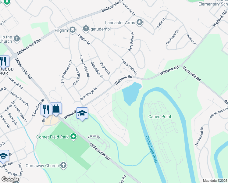 map of restaurants, bars, coffee shops, grocery stores, and more near 108 Gentlemens Way in Lancaster