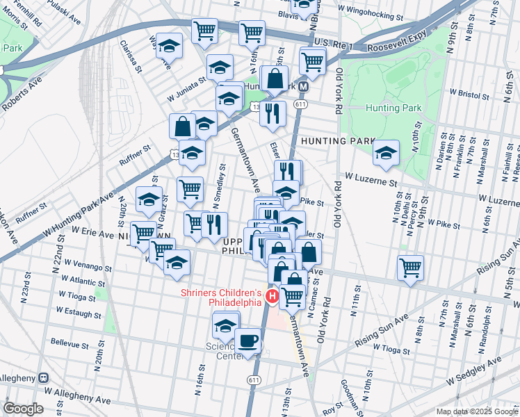map of restaurants, bars, coffee shops, grocery stores, and more near 3836 Germantown Avenue in Philadelphia