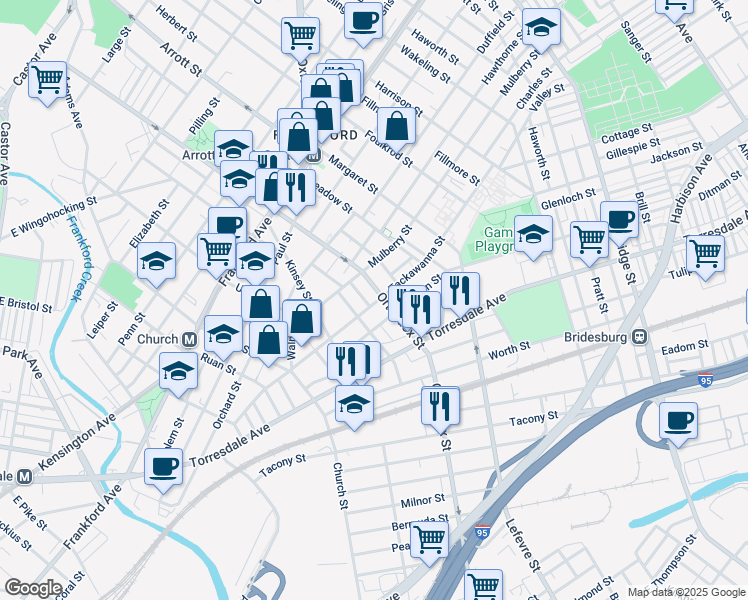 map of restaurants, bars, coffee shops, grocery stores, and more near 1832 Orthodox Street in Philadelphia