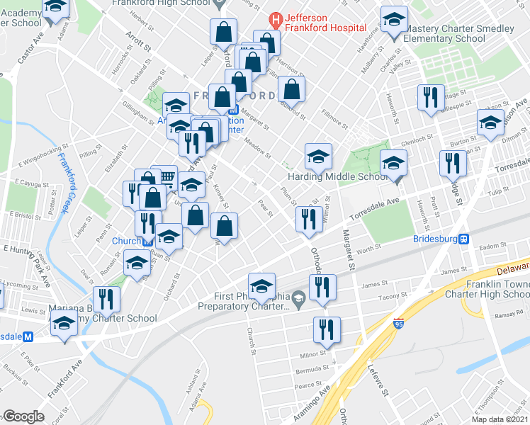 map of restaurants, bars, coffee shops, grocery stores, and more near 1832 Pear Street in Philadelphia