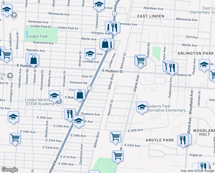 map of restaurants, bars, coffee shops, grocery stores, and more near 1625 Kenmore Road in Columbus