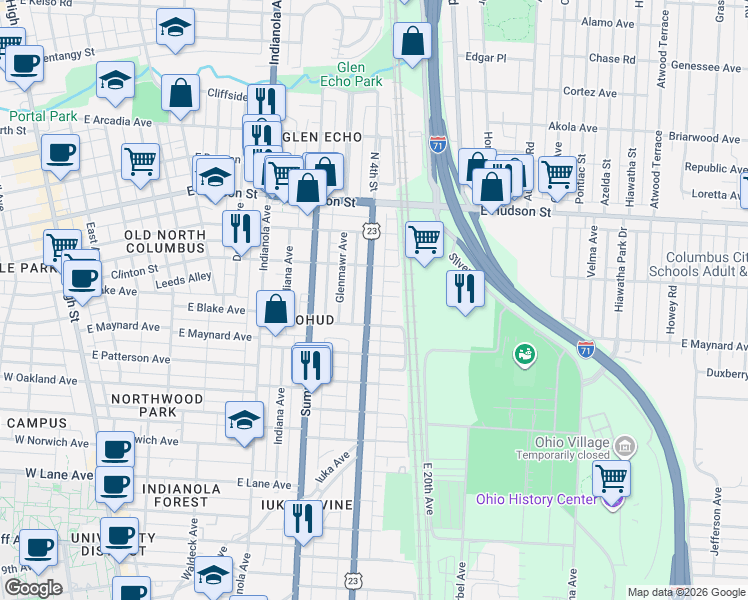map of restaurants, bars, coffee shops, grocery stores, and more near 2401 North 4th Street in Columbus
