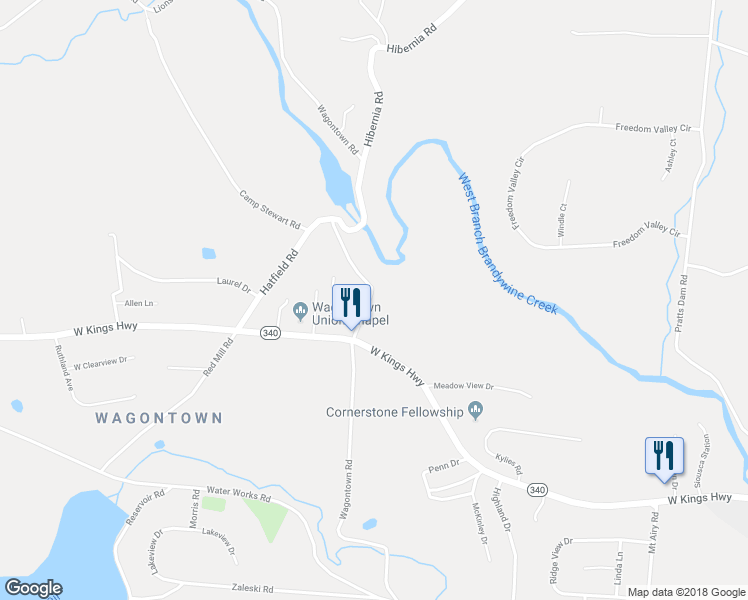 map of restaurants, bars, coffee shops, grocery stores, and more near 424 Wagontown Road in Coatesville