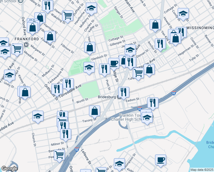 map of restaurants, bars, coffee shops, grocery stores, and more near 5038 Tulip Street in Philadelphia