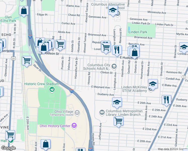 map of restaurants, bars, coffee shops, grocery stores, and more near 2279 Grasmere Avenue in Columbus