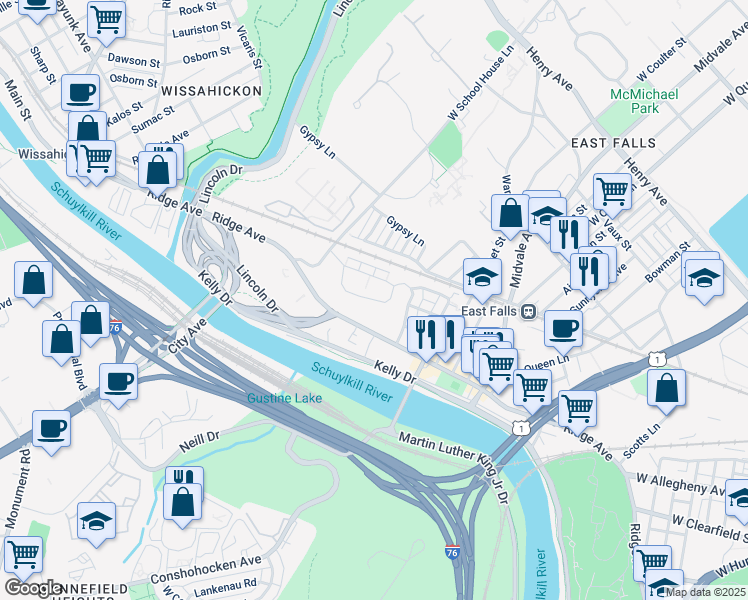 map of restaurants, bars, coffee shops, grocery stores, and more near 4421 Riverview Lane in Philadelphia