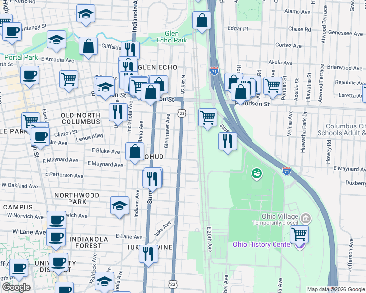 map of restaurants, bars, coffee shops, grocery stores, and more near 2401 North 4th Street in Columbus