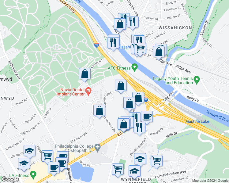 map of restaurants, bars, coffee shops, grocery stores, and more near 143 Presidential Boulevard in Bala Cynwyd