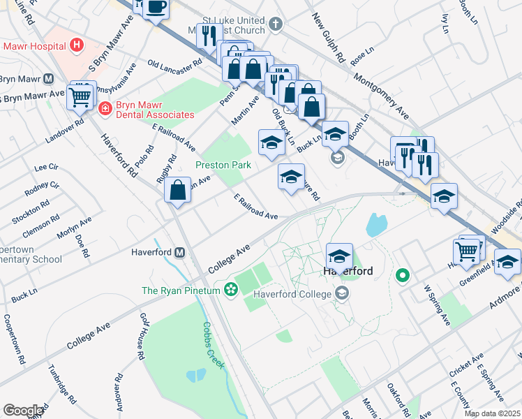map of restaurants, bars, coffee shops, grocery stores, and more near 629 Walnut Lane in Haverford