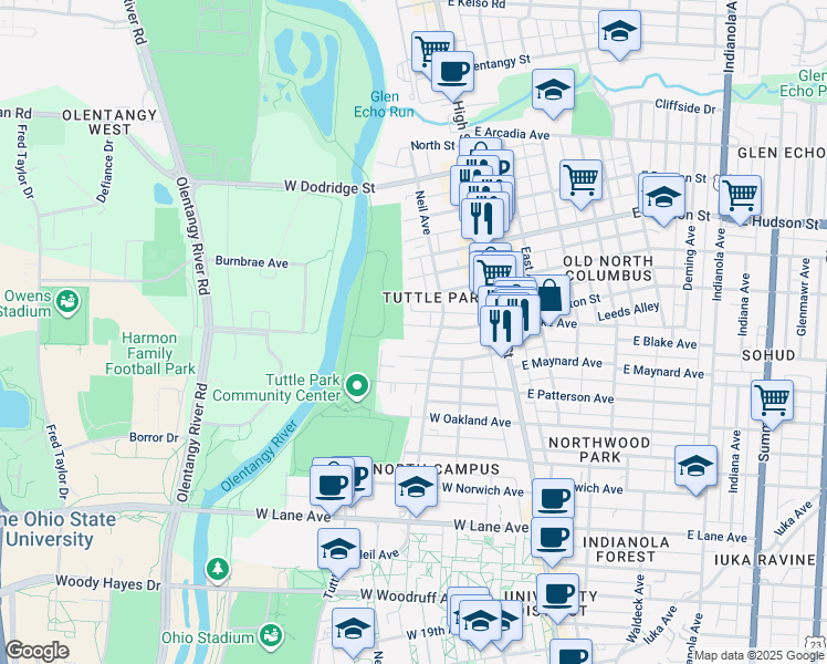 map of restaurants, bars, coffee shops, grocery stores, and more near 133 West Blake Avenue in Columbus
