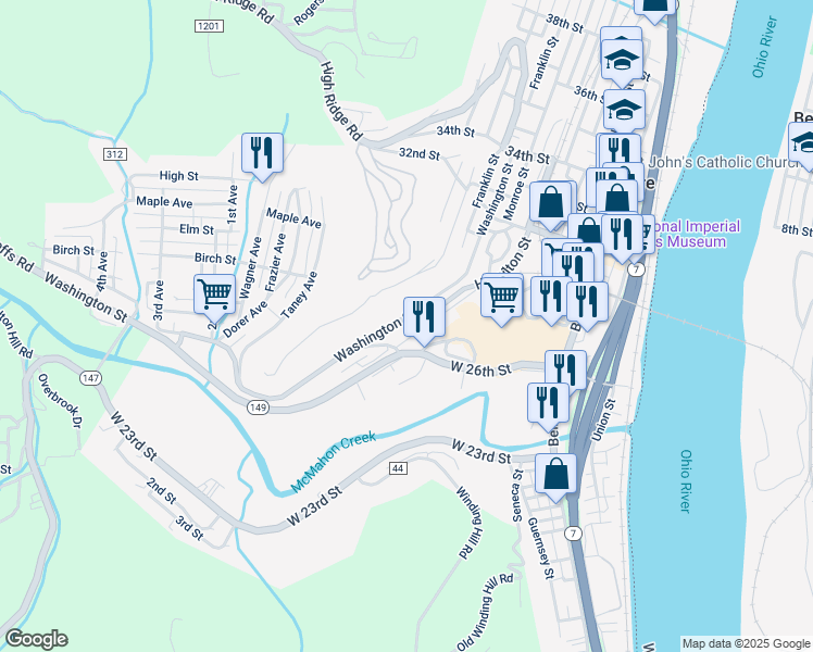 map of restaurants, bars, coffee shops, grocery stores, and more near 2855 Washington Street in Bellaire