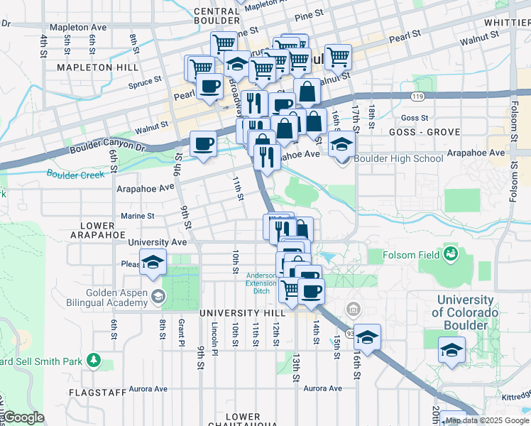 map of restaurants, bars, coffee shops, grocery stores, and more near 1560 Broadway in Boulder