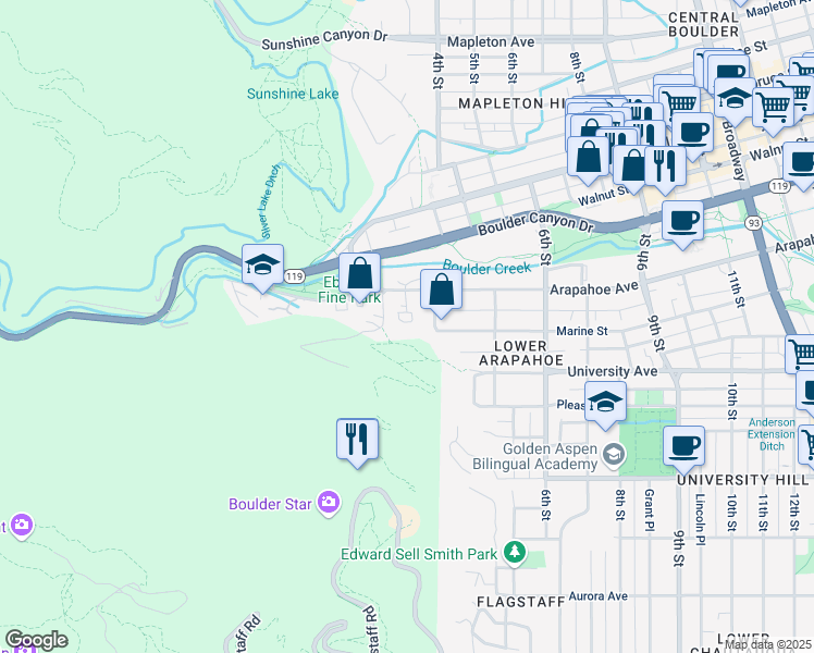 map of restaurants, bars, coffee shops, grocery stores, and more near 358 Arapahoe Avenue in Boulder