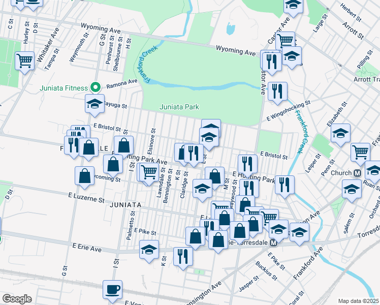 map of restaurants, bars, coffee shops, grocery stores, and more near 4232 Claridge Street in Philadelphia