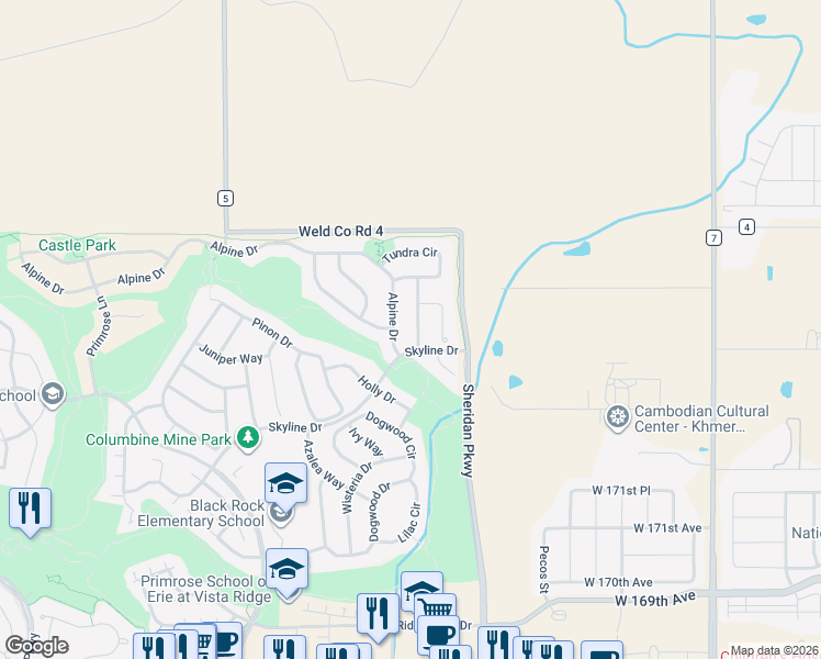 map of restaurants, bars, coffee shops, grocery stores, and more near 2152 Lupine Place in Erie