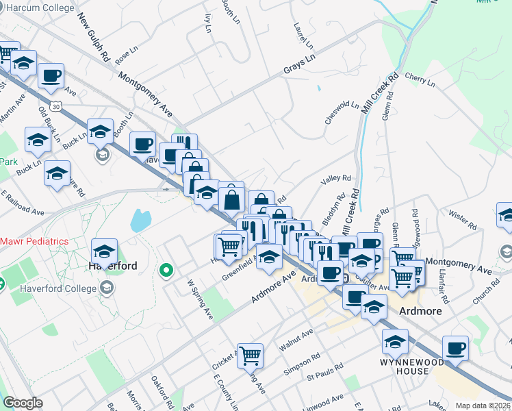 map of restaurants, bars, coffee shops, grocery stores, and more near 139 Montgomery Avenue in Ardmore