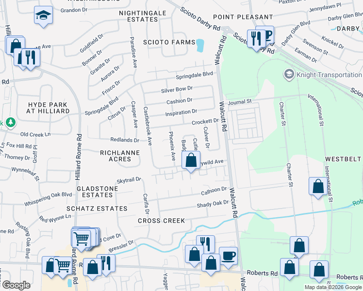 map of restaurants, bars, coffee shops, grocery stores, and more near 2968 Phoenix Avenue in Hilliard