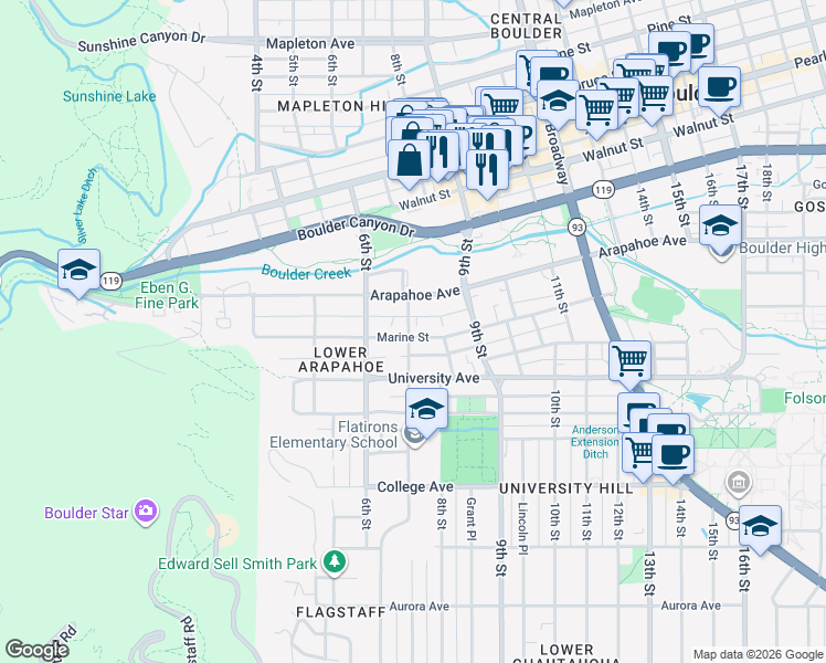 map of restaurants, bars, coffee shops, grocery stores, and more near 705 Marine Street in Boulder