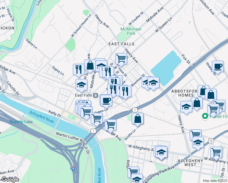map of restaurants, bars, coffee shops, grocery stores, and more near 3500 Sunnyside Avenue in Philadelphia