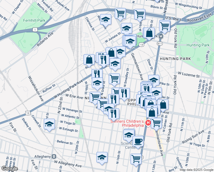 map of restaurants, bars, coffee shops, grocery stores, and more near 3804 North 18th Street in Philadelphia