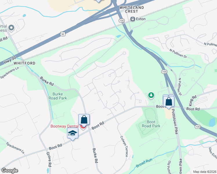 map of restaurants, bars, coffee shops, grocery stores, and more near 291 Anglesey Terrace in West Chester