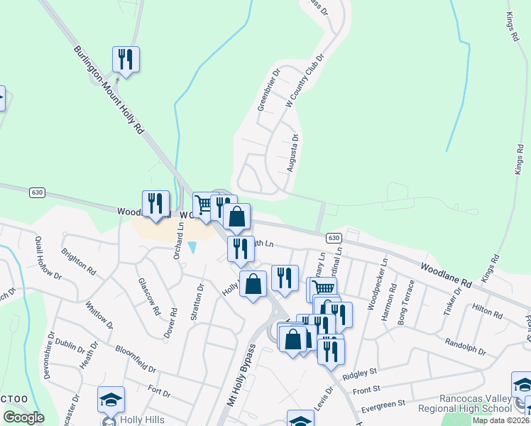 map of restaurants, bars, coffee shops, grocery stores, and more near 8 Cypress Point Road in Westampton
