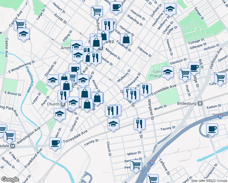 map of restaurants, bars, coffee shops, grocery stores, and more near 1828 Pear Street in Philadelphia