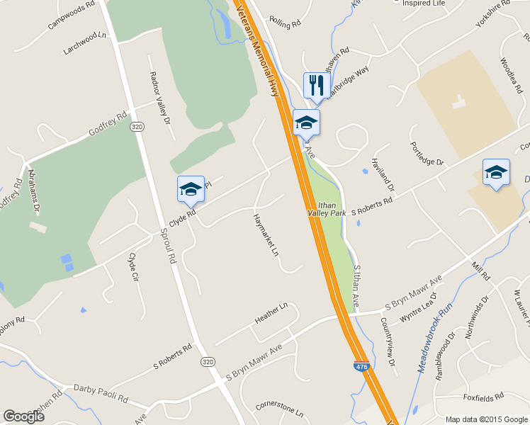 map of restaurants, bars, coffee shops, grocery stores, and more near 203 Drakes Drum Drive in Bryn Mawr