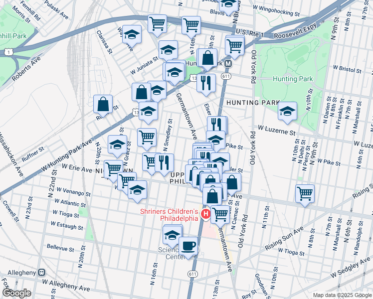 map of restaurants, bars, coffee shops, grocery stores, and more near 3831 North Sydenham Street in Philadelphia