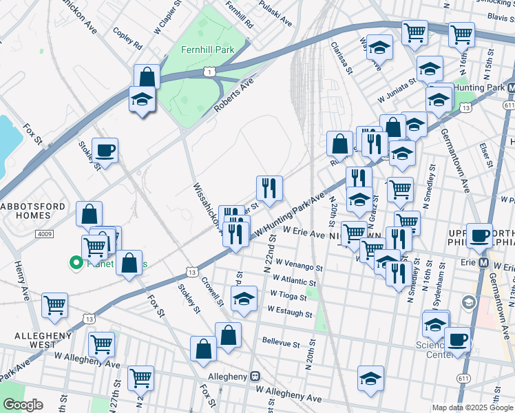 map of restaurants, bars, coffee shops, grocery stores, and more near 2210 Ruffner Street in Philadelphia