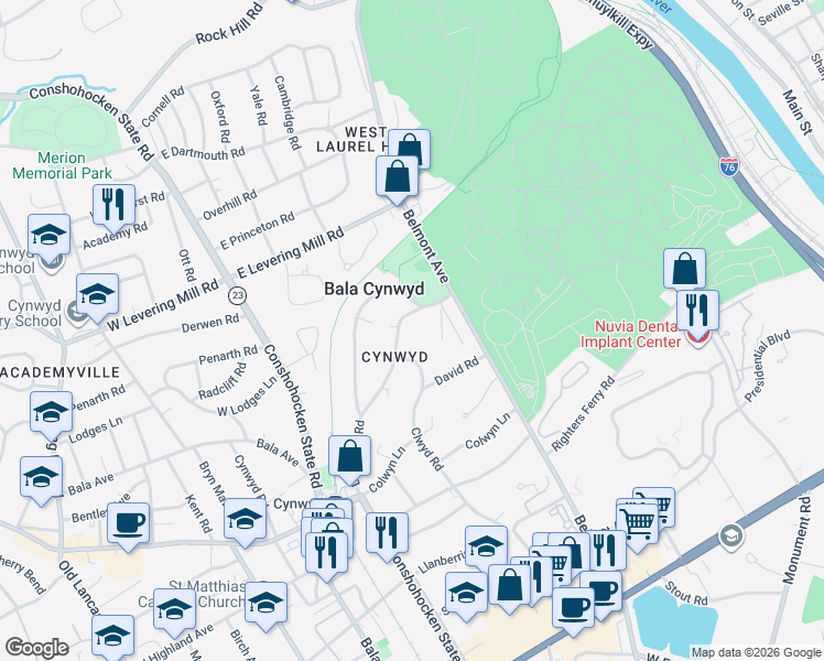 map of restaurants, bars, coffee shops, grocery stores, and more near 350 Llandrillo Road in Bala Cynwyd