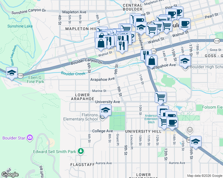 map of restaurants, bars, coffee shops, grocery stores, and more near 803 Marine Street in Boulder