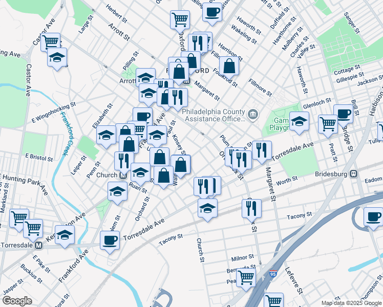map of restaurants, bars, coffee shops, grocery stores, and more near 1705 Kinsey Street in Philadelphia