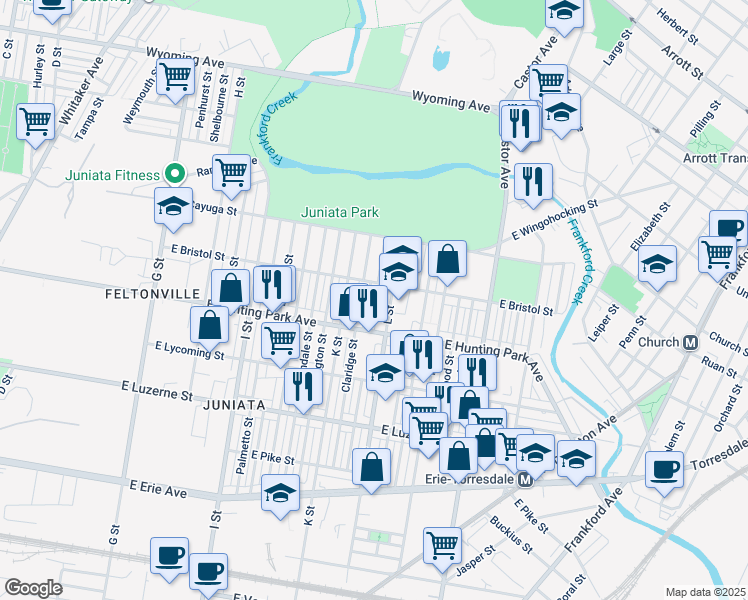 map of restaurants, bars, coffee shops, grocery stores, and more near 4300 L Street in Philadelphia