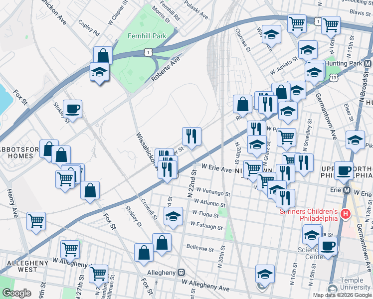 map of restaurants, bars, coffee shops, grocery stores, and more near 2125 Ruffner Street in Philadelphia