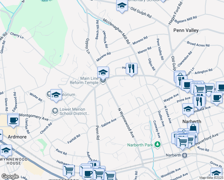 map of restaurants, bars, coffee shops, grocery stores, and more near 3 Wynnewood Court in Narberth