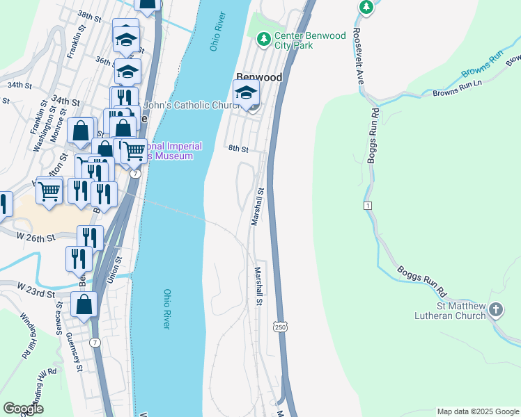 map of restaurants, bars, coffee shops, grocery stores, and more near 1099 Marshall Street in Benwood