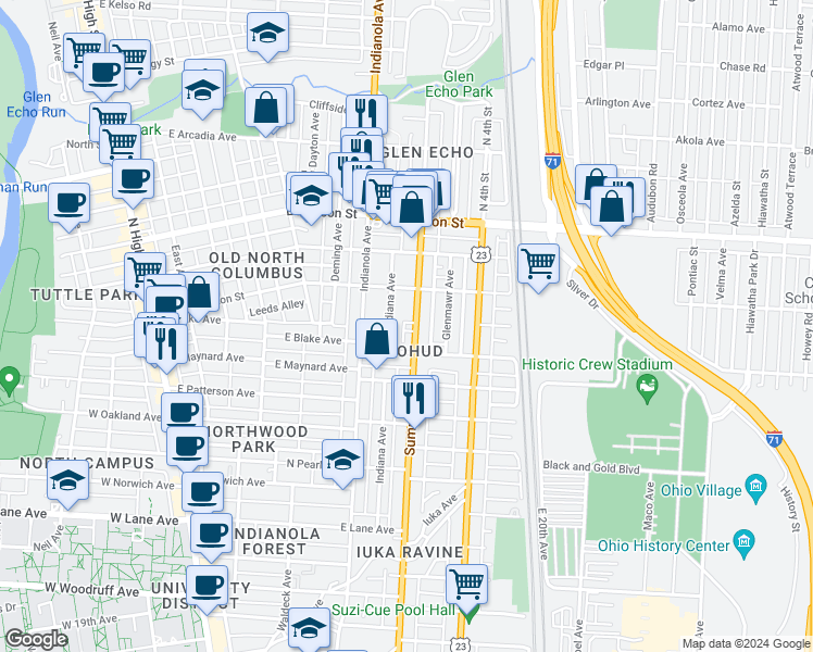 map of restaurants, bars, coffee shops, grocery stores, and more near 2404 Indiana Avenue in Columbus