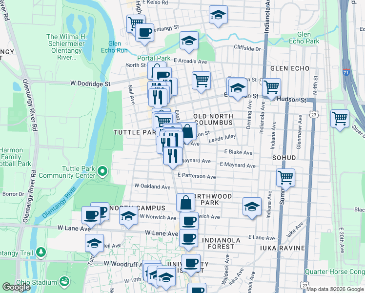map of restaurants, bars, coffee shops, grocery stores, and more near 2458 North Pearl Street in Columbus