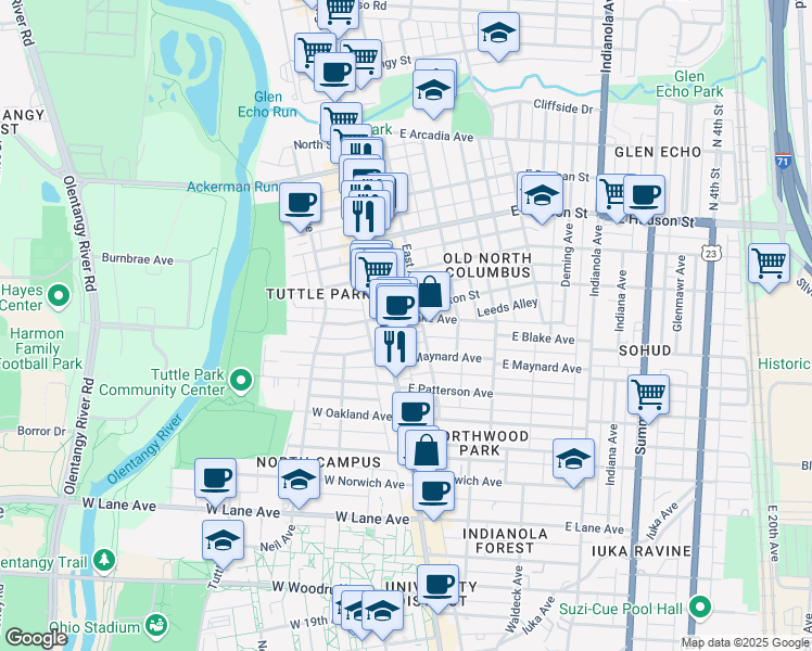 map of restaurants, bars, coffee shops, grocery stores, and more near 2458 North Pearl Street in Columbus