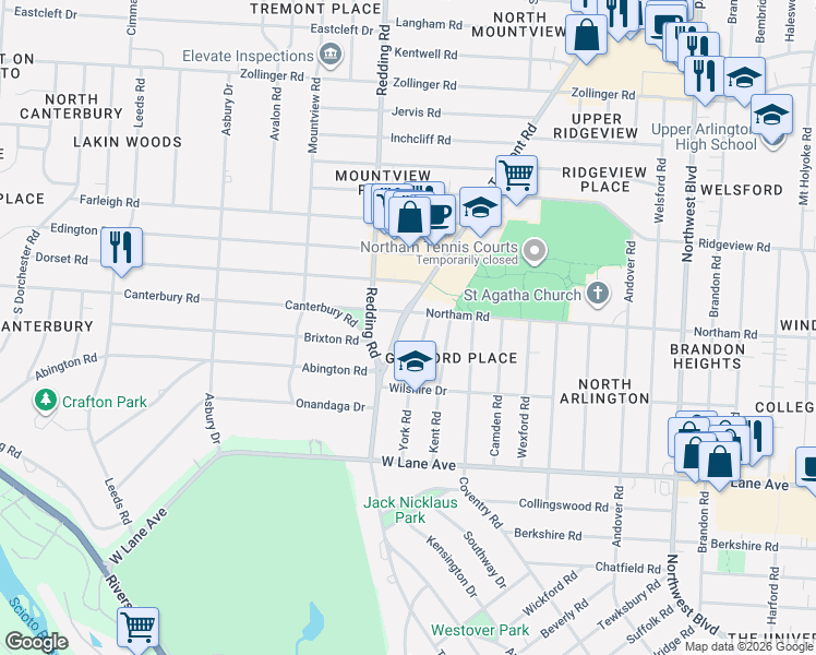 map of restaurants, bars, coffee shops, grocery stores, and more near 2050 Northam Road in Upper Arlington