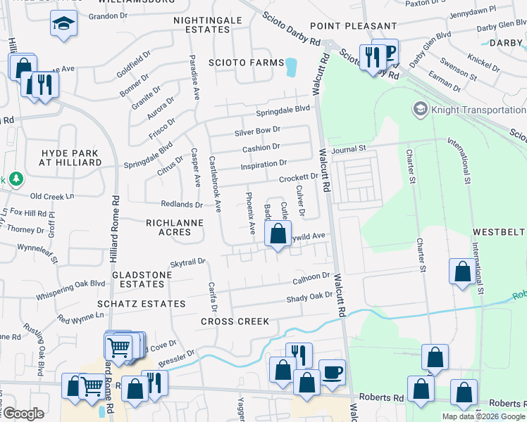 map of restaurants, bars, coffee shops, grocery stores, and more near 2968 Phoenix Avenue in Hilliard