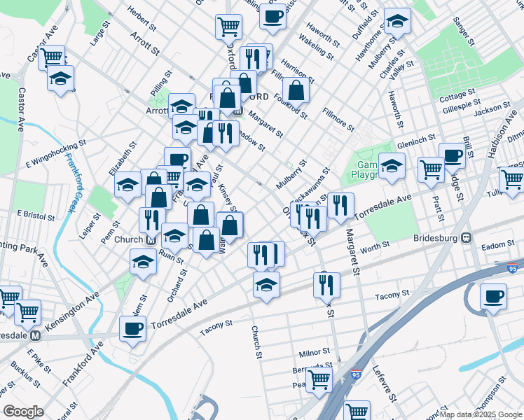map of restaurants, bars, coffee shops, grocery stores, and more near 1809 Gillingham Street in Philadelphia